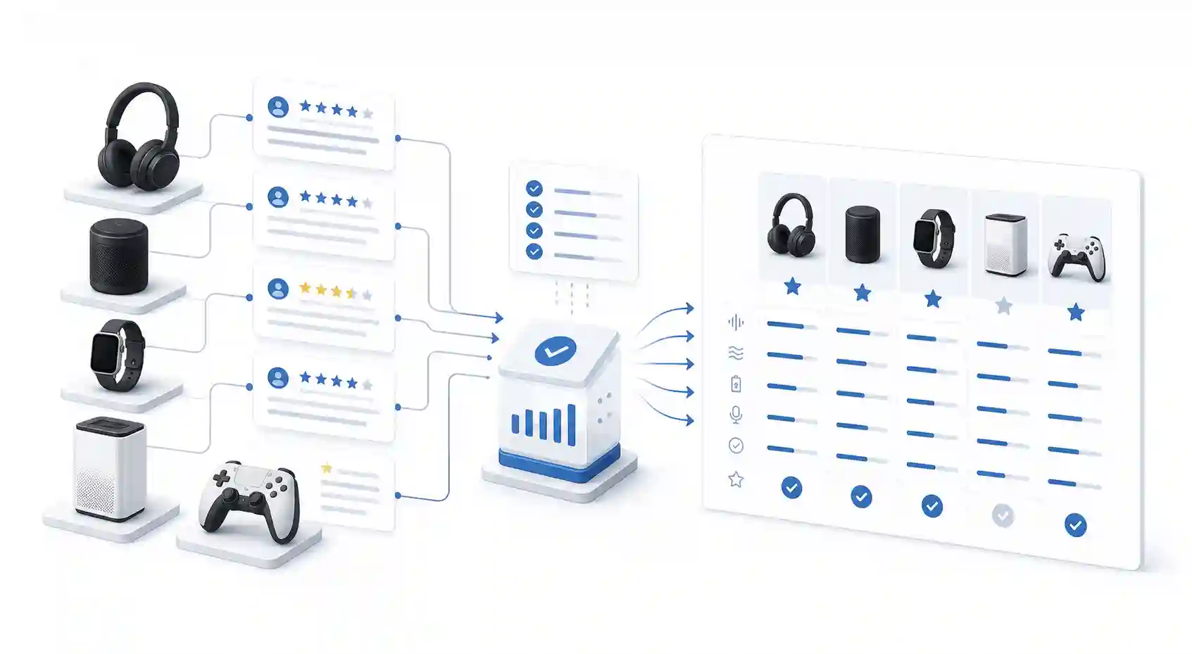 Abstract product review evidence becoming feature scores and product comparisons